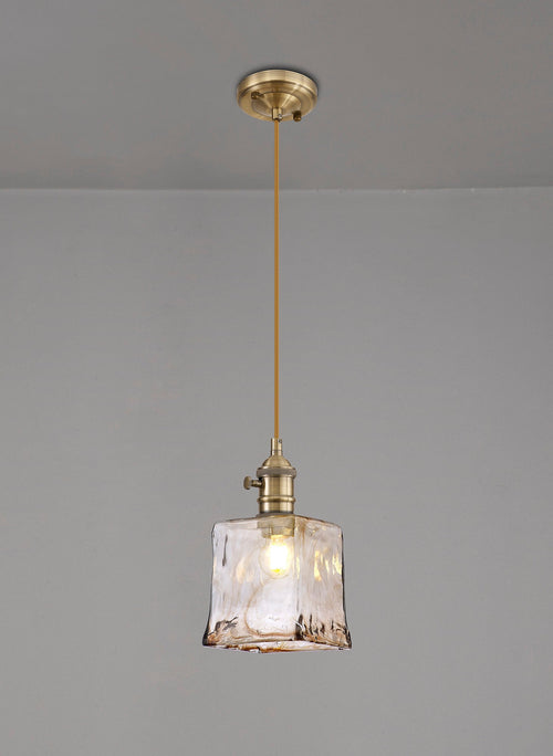 Luminosity Designs Ltd - Amber Switched Pendant 1.5m, 1 x E27, Antique Brass / Golden Brown Braided Cable / Brown Square Glass - Luminosity Designs Ltd