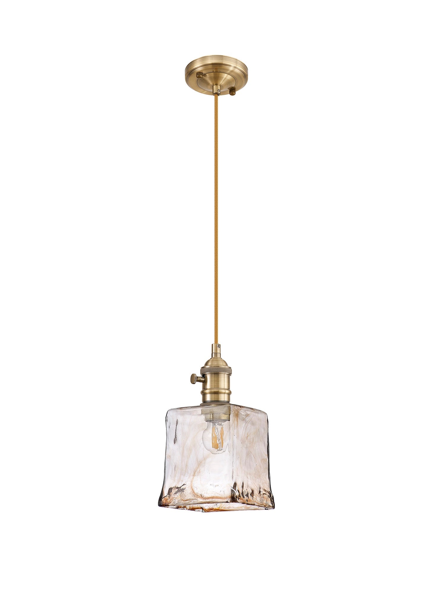 Luminosity Designs Ltd - Amber Switched Pendant 1.5m, 1 x E27, Antique Brass / Golden Brown Braided Cable / Brown Square Glass - Luminosity Designs Ltd
