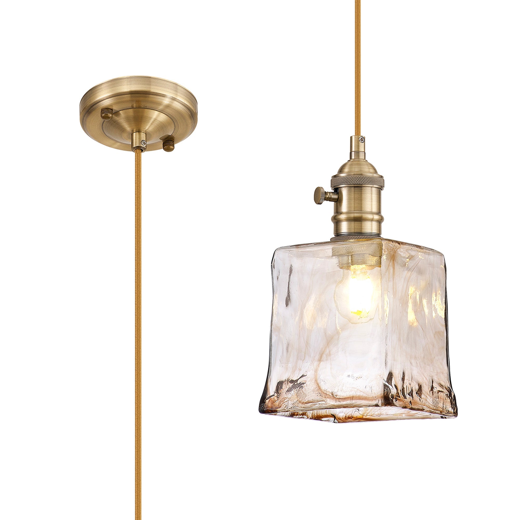 Luminosity Designs Ltd - Amber Switched Pendant 1.5m, 1 x E27, Antique Brass / Golden Brown Braided Cable / Brown Square Glass - Luminosity Designs Ltd