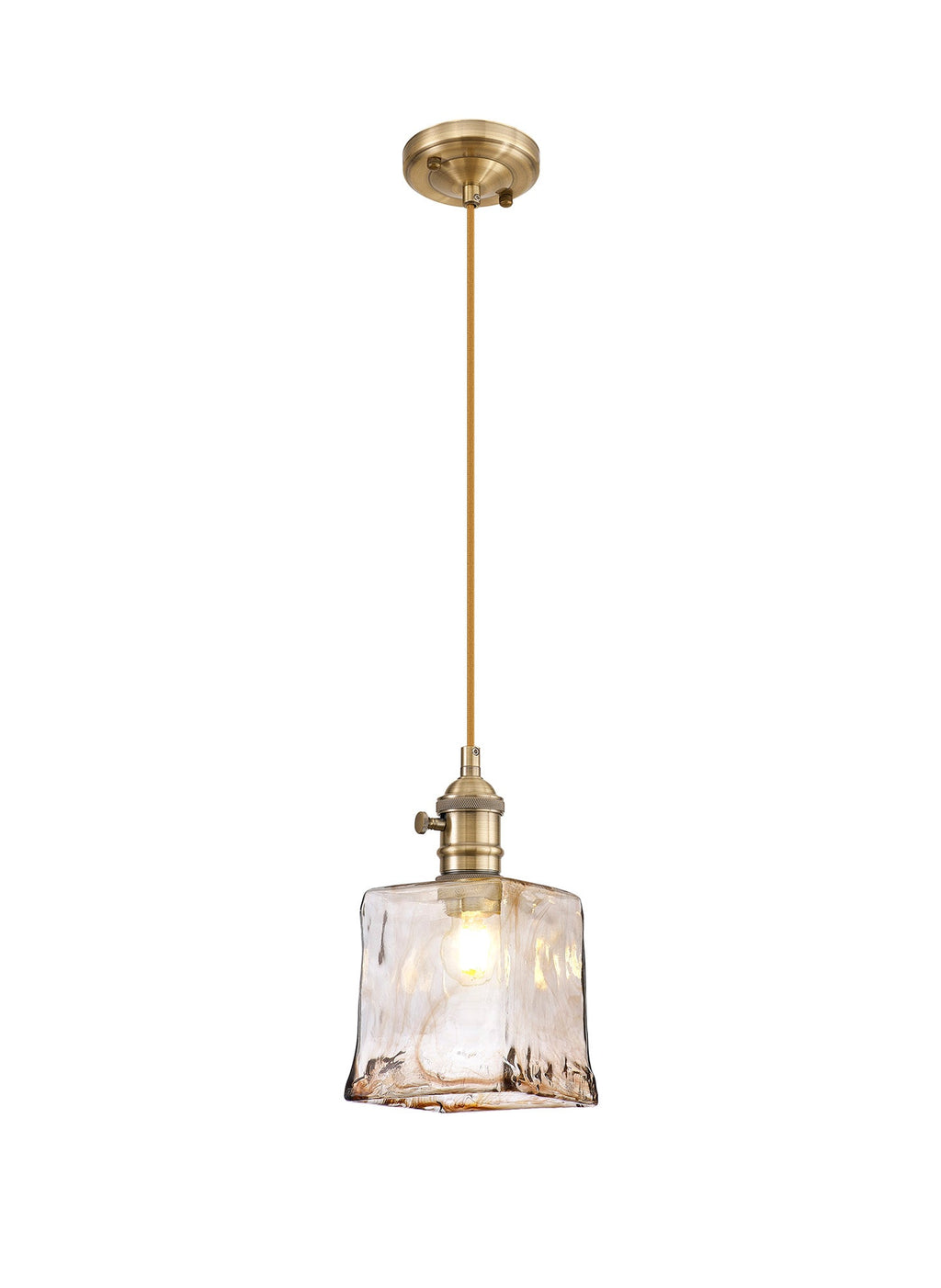 Luminosity Designs Ltd - Amber Switched Pendant 1.5m, 1 x E27, Antique Brass / Golden Brown Braided Cable / Brown Square Glass - Luminosity Designs Ltd