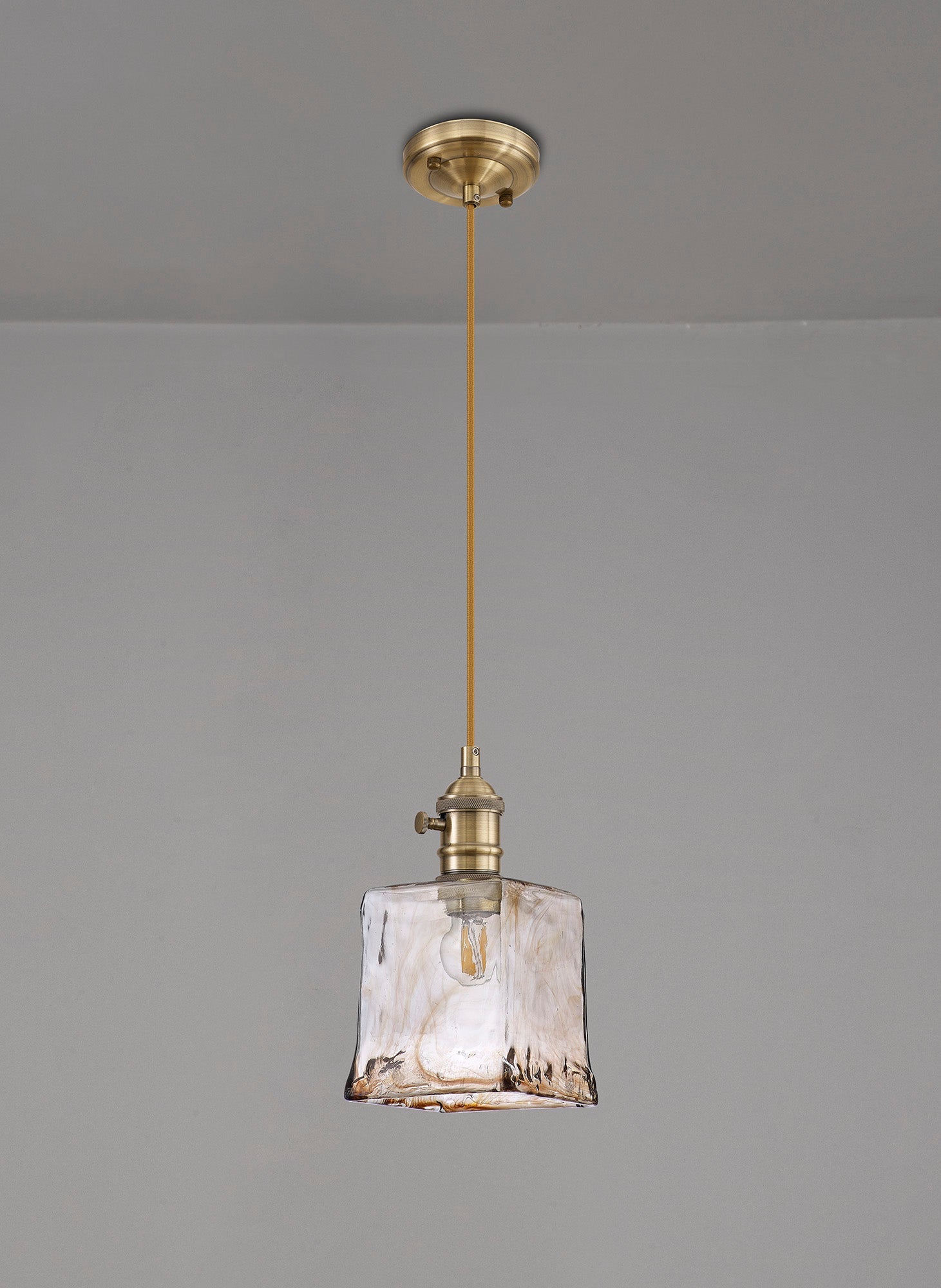 Luminosity Designs Ltd - Amber Switched Pendant 1.5m, 1 x E27, Antique Brass / Golden Brown Braided Cable / Brown Square Glass - Luminosity Designs Ltd