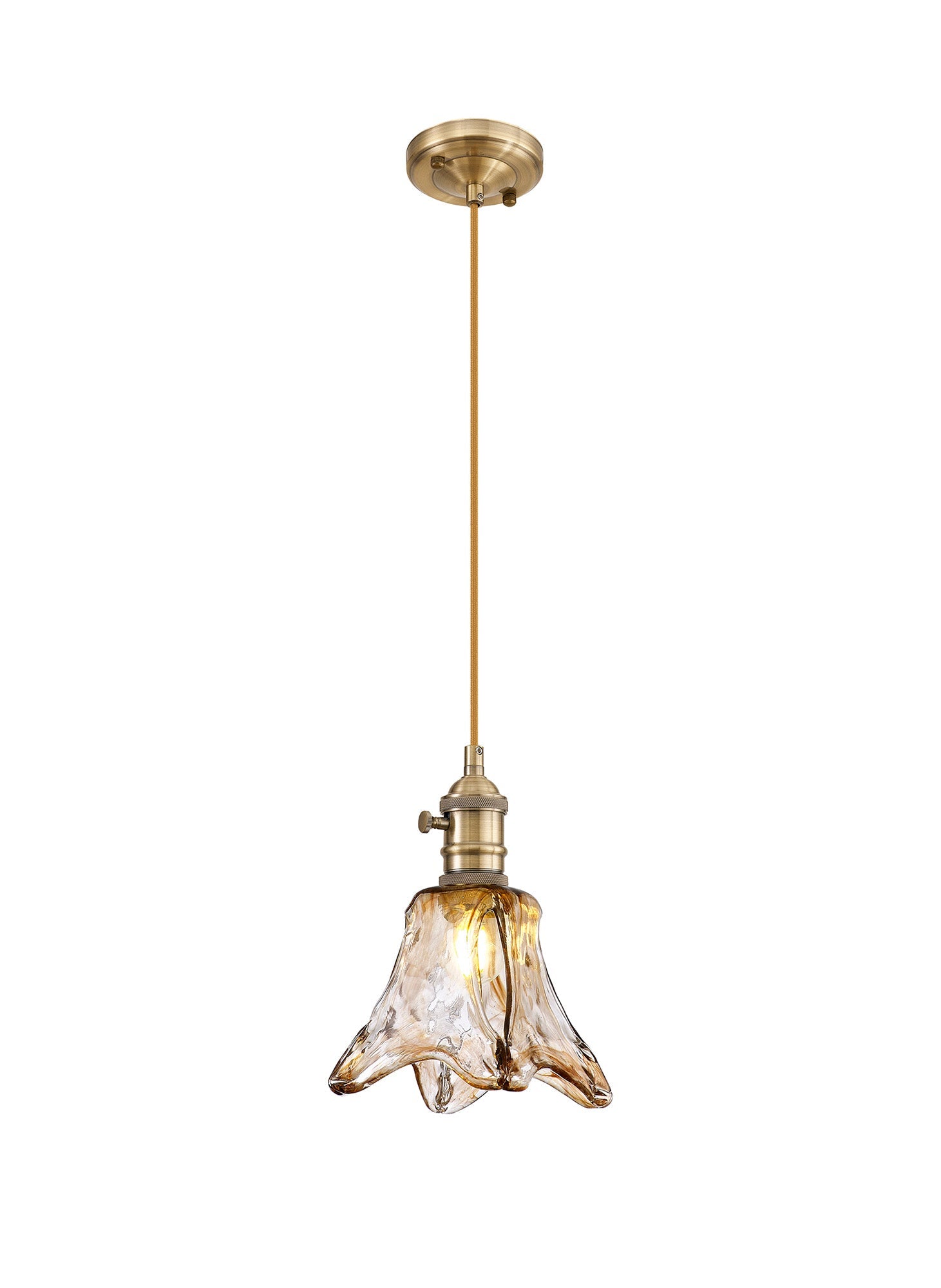 Luminosity Designs Ltd - Amber Switched Pendant 1.5m, 1 x E27, Antique Brass With Straight Braided Brown Flower Glass - Luminosity Designs Ltd