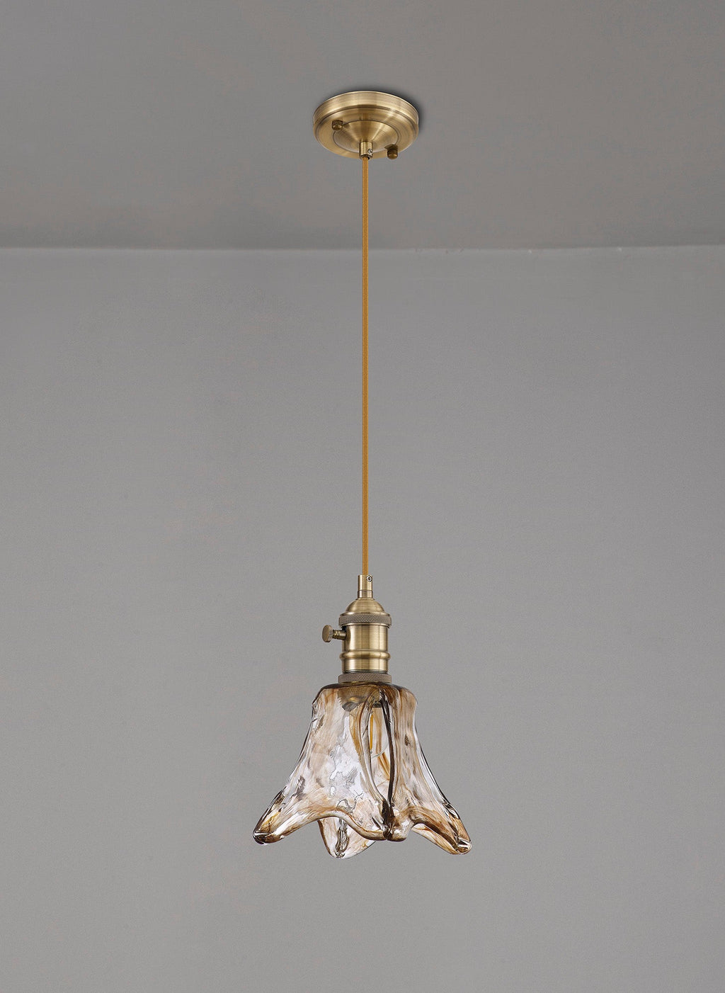 Luminosity Designs Ltd - Amber Switched Pendant 1.5m, 1 x E27, Antique Brass With Straight Braided Brown Flower Glass - Luminosity Designs Ltd