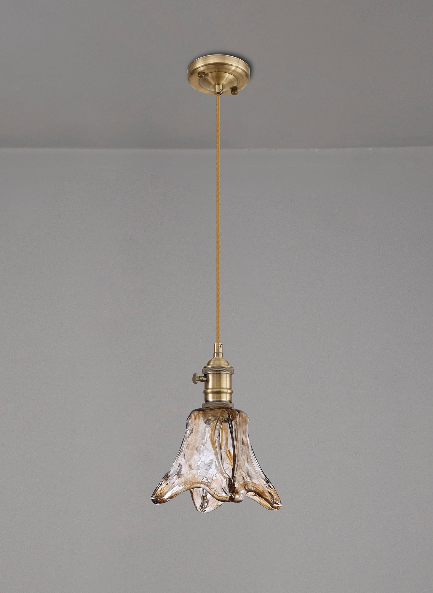 Luminosity Designs Ltd - Amber Switched Pendant 1.5m, 1 x E27, Antique Brass With Straight Braided Brown Flower Glass - Luminosity Designs Ltd