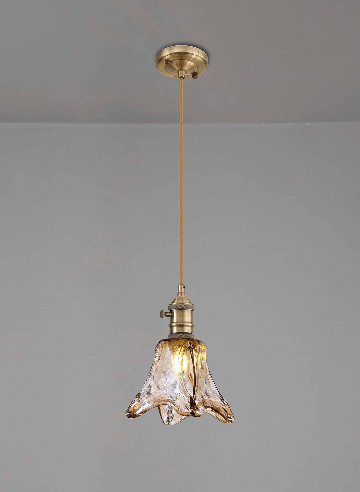 Luminosity Designs Ltd - Amber Switched Pendant 1.5m, 1 x E27, Antique Brass With Straight Braided Brown Flower Glass - Luminosity Designs Ltd