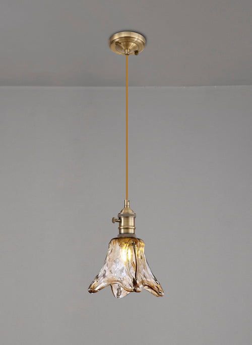 Luminosity Designs Ltd - Amber Switched Pendant 1.5m, 1 x E27, Antique Brass With Straight Braided Brown Flower Glass - Luminosity Designs Ltd