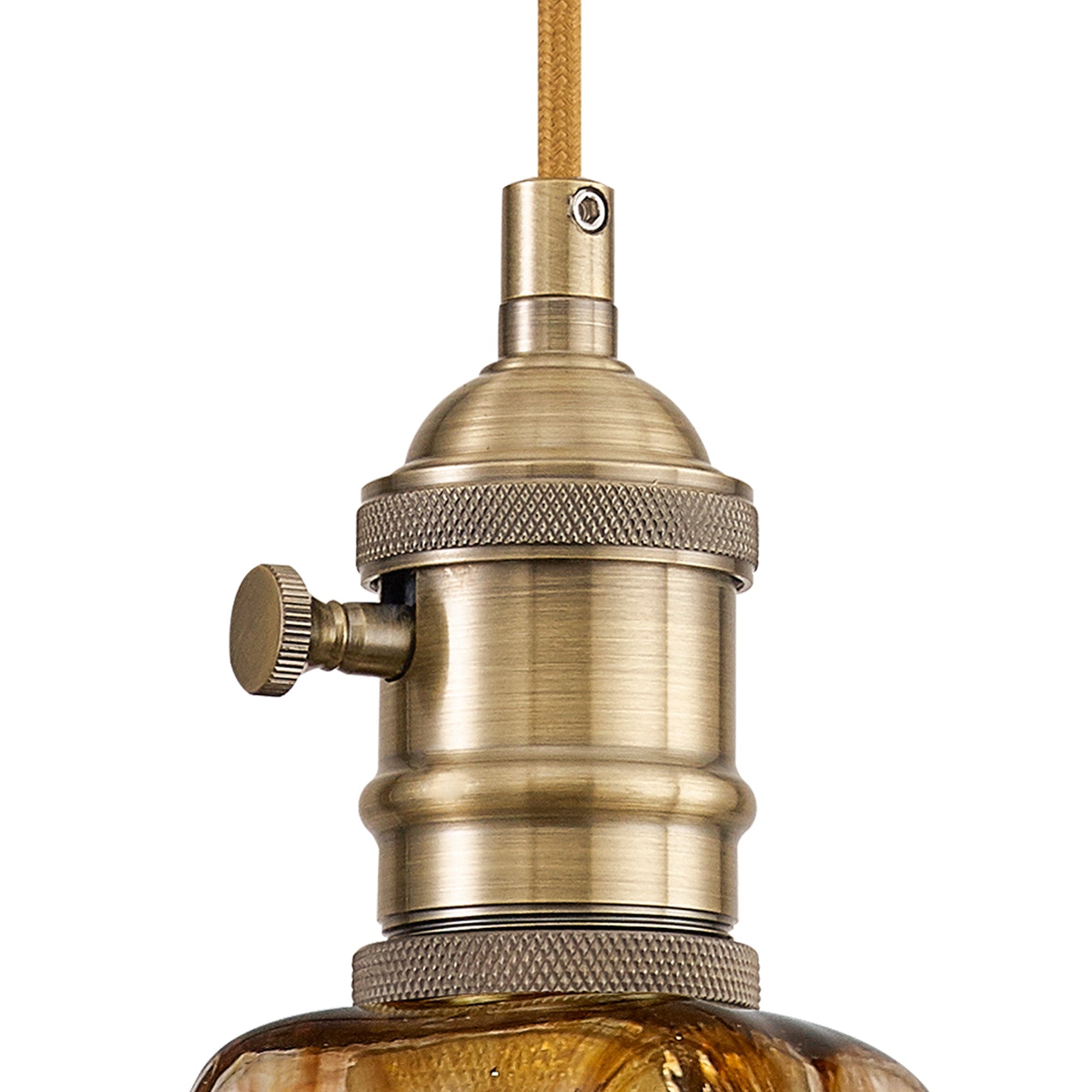Luminosity Designs Ltd - Amber Switched Pendant 1.5m, 1 x E27, Antique Brass With Straight Braided Brown Flower Glass - Luminosity Designs Ltd