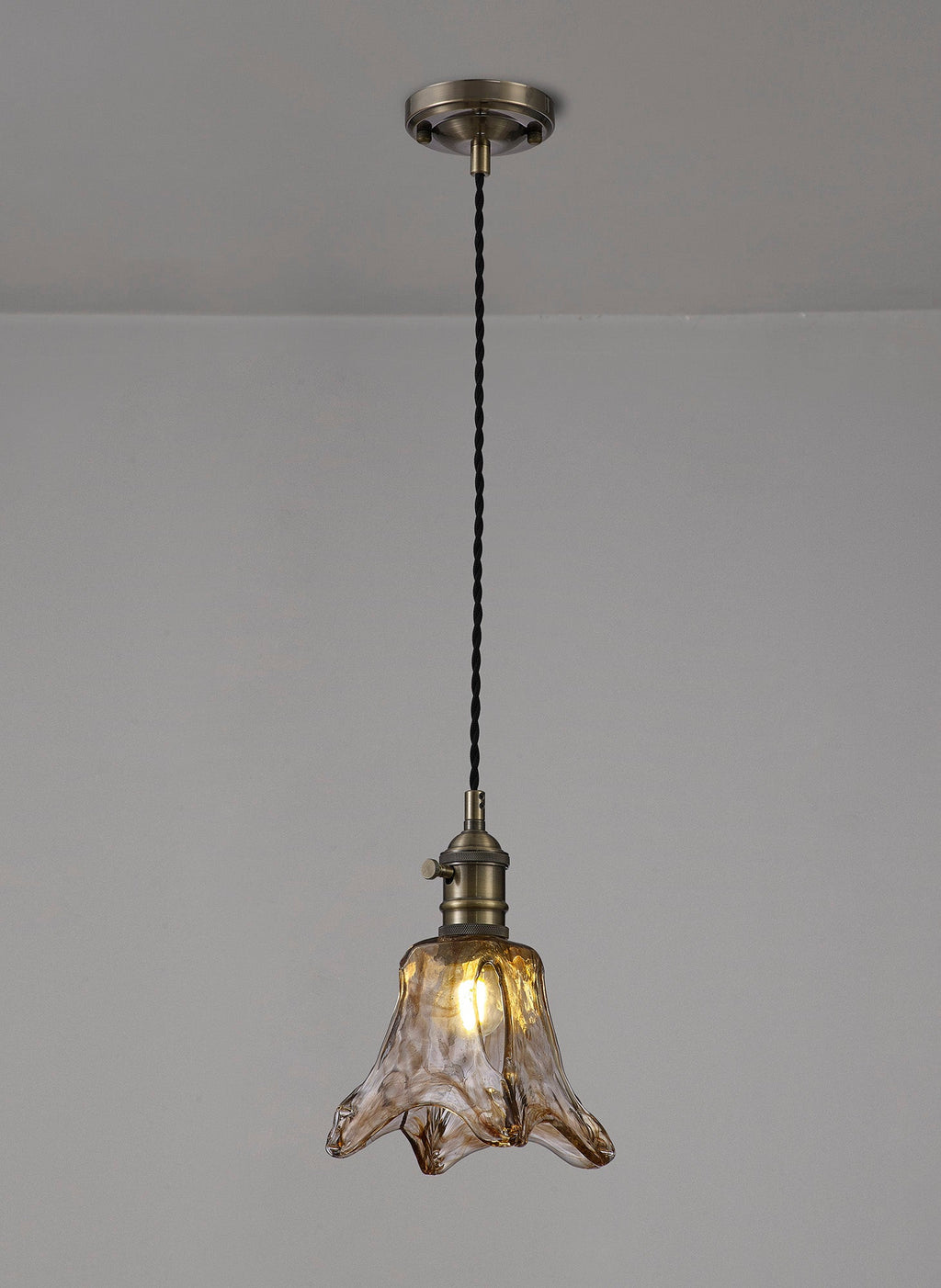 Luminosity Designs Ltd - Amber Switched Pendant 1.5m, 1 x E27, Twisted Cable / Brown Flower Glass - Luminosity Designs Ltd