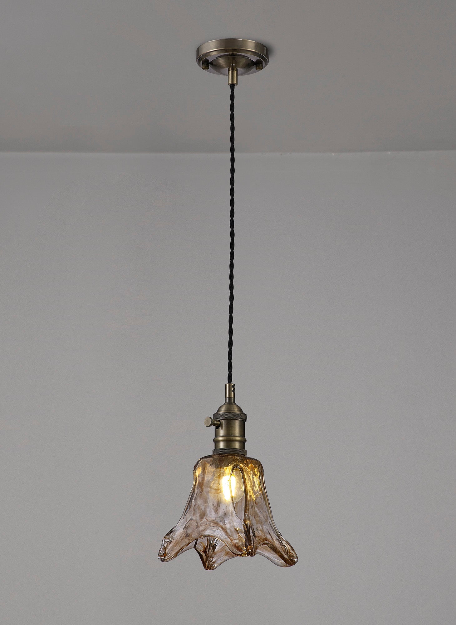 Luminosity Designs Ltd - Amber Switched Pendant 1.5m, 1 x E27, Twisted Cable / Brown Flower Glass - Luminosity Designs Ltd