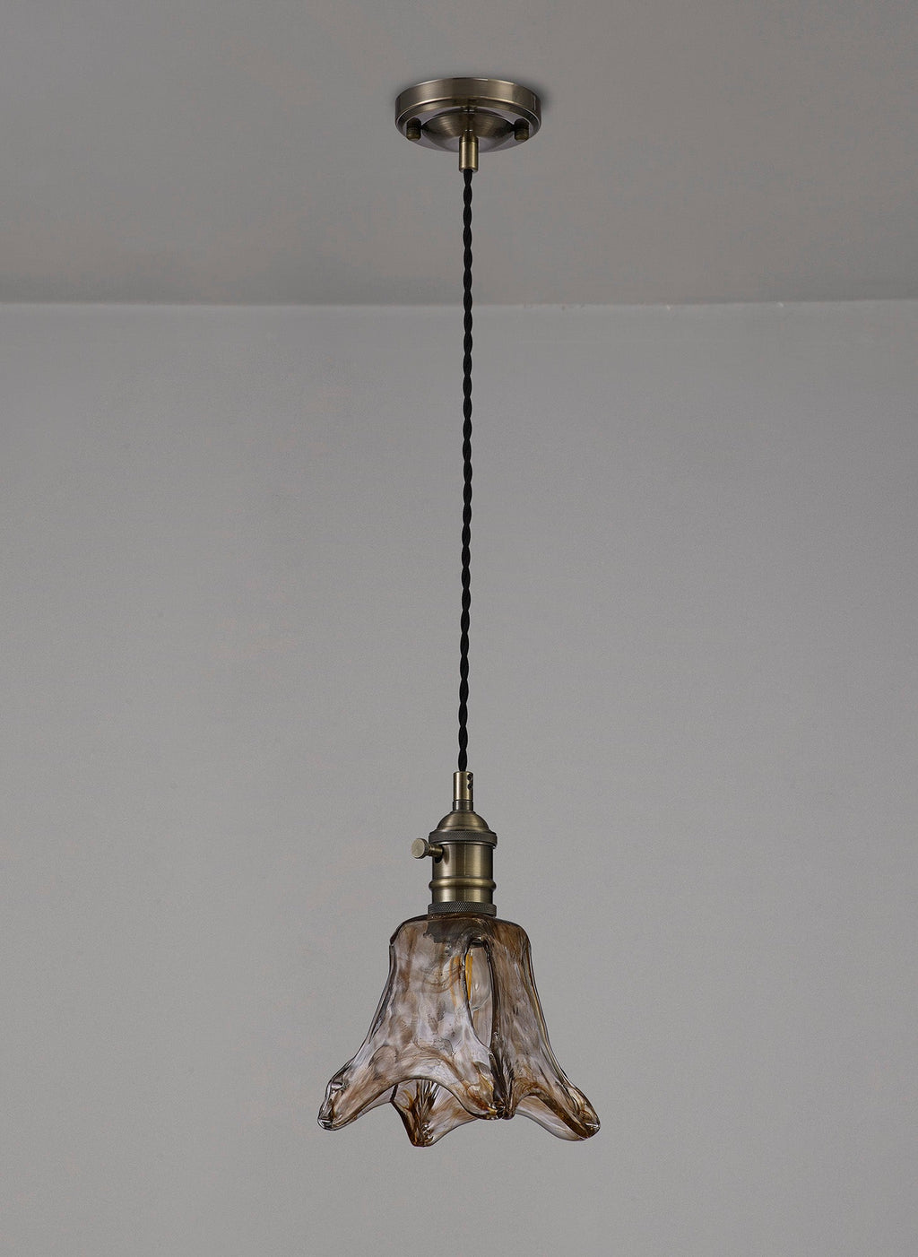 Luminosity Designs Ltd - Amber Switched Pendant 1.5m, 1 x E27, Twisted Cable / Brown Flower Glass - Luminosity Designs Ltd