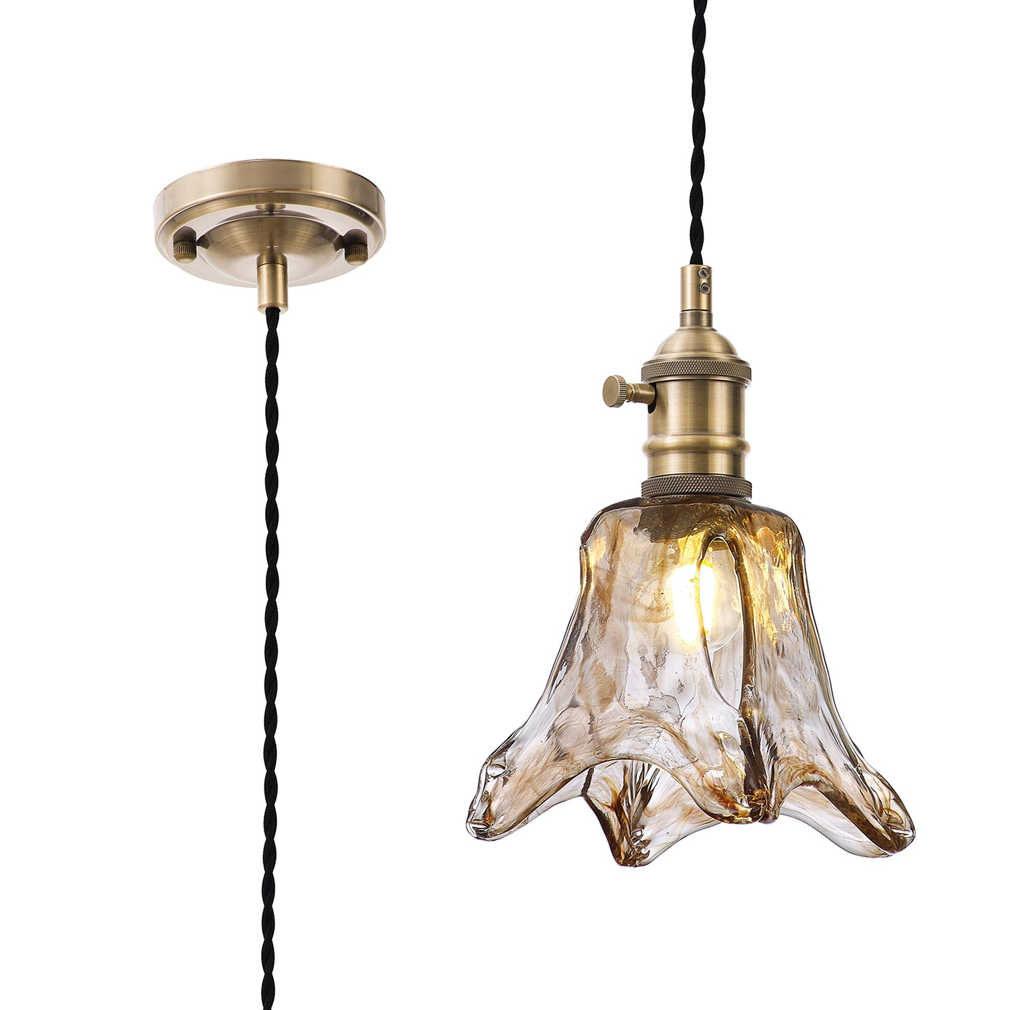 Luminosity Designs Ltd - Amber Switched Pendant 1.5m, 1 x E27, Twisted Cable / Brown Flower Glass - Luminosity Designs Ltd