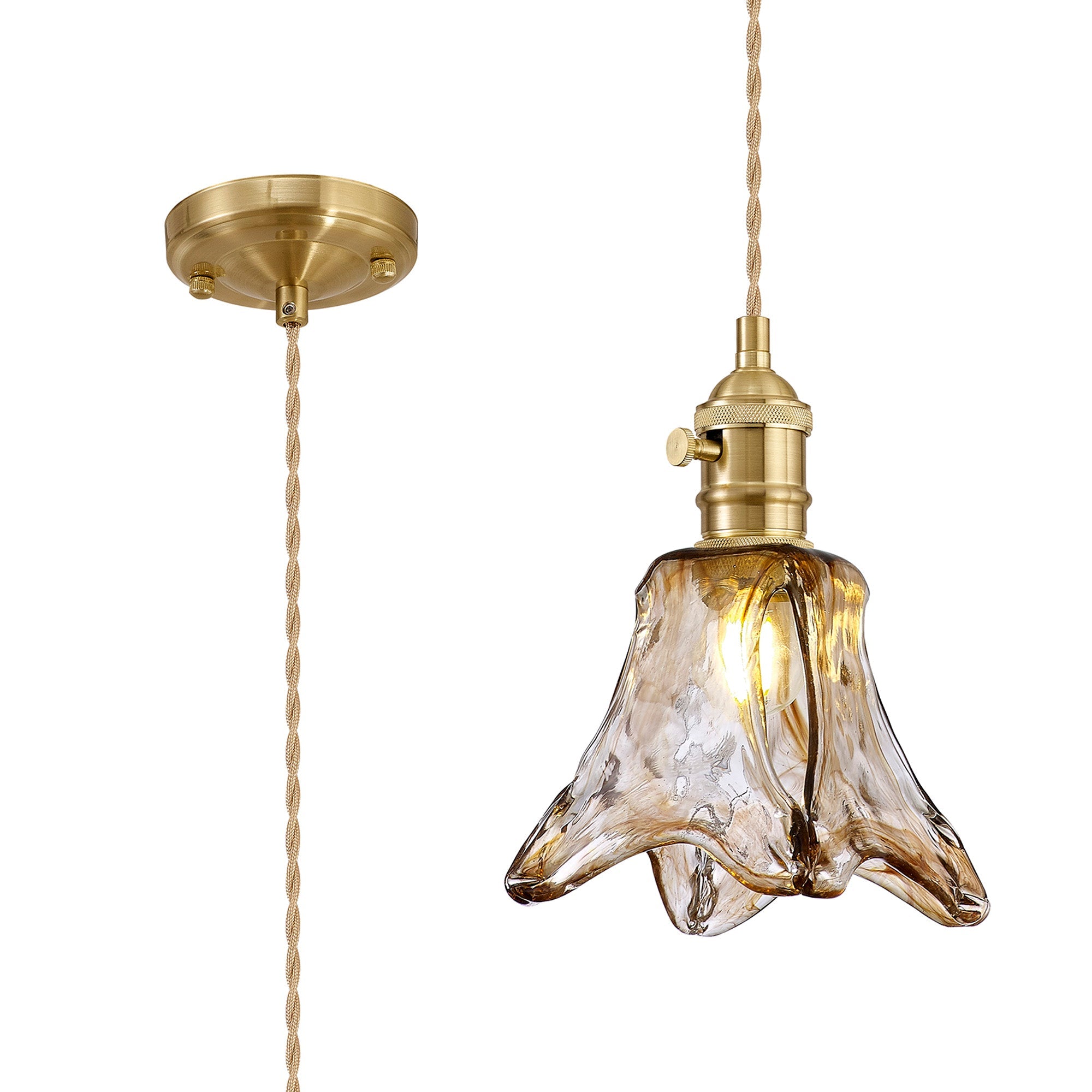 Luminosity Designs Ltd - Amber Switched Pendant 1.5m, 1 x E27, Twisted Cable / Brown Flower Glass - Luminosity Designs Ltd