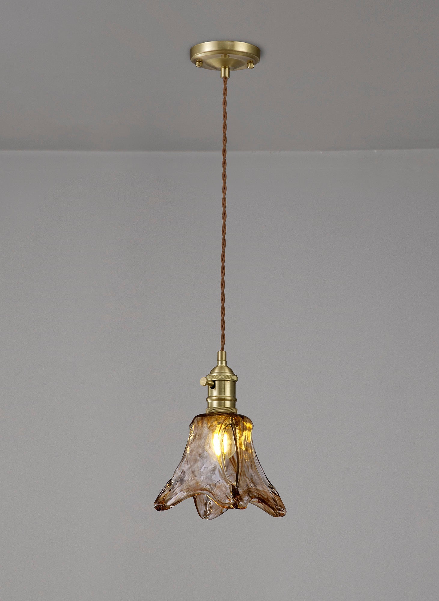 Luminosity Designs Ltd - Amber Switched Pendant 1.5m, 1 x E27, Twisted Cable / Brown Flower Glass - Luminosity Designs Ltd