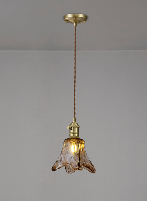 Luminosity Designs Ltd - Amber Switched Pendant 1.5m, 1 x E27, Twisted Cable / Brown Flower Glass - Luminosity Designs Ltd