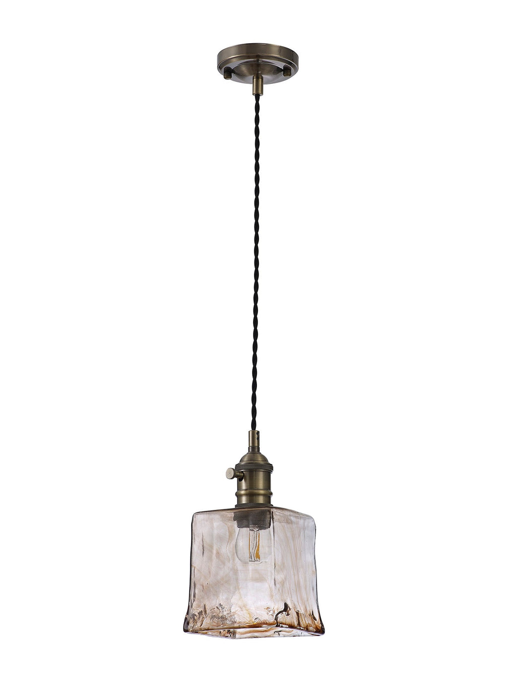 Luminosity Designs Ltd - Amber Switched Pendant 1.5m, 1 x E27, Twisted Cable / Brown Square Glass - Luminosity Designs Ltd