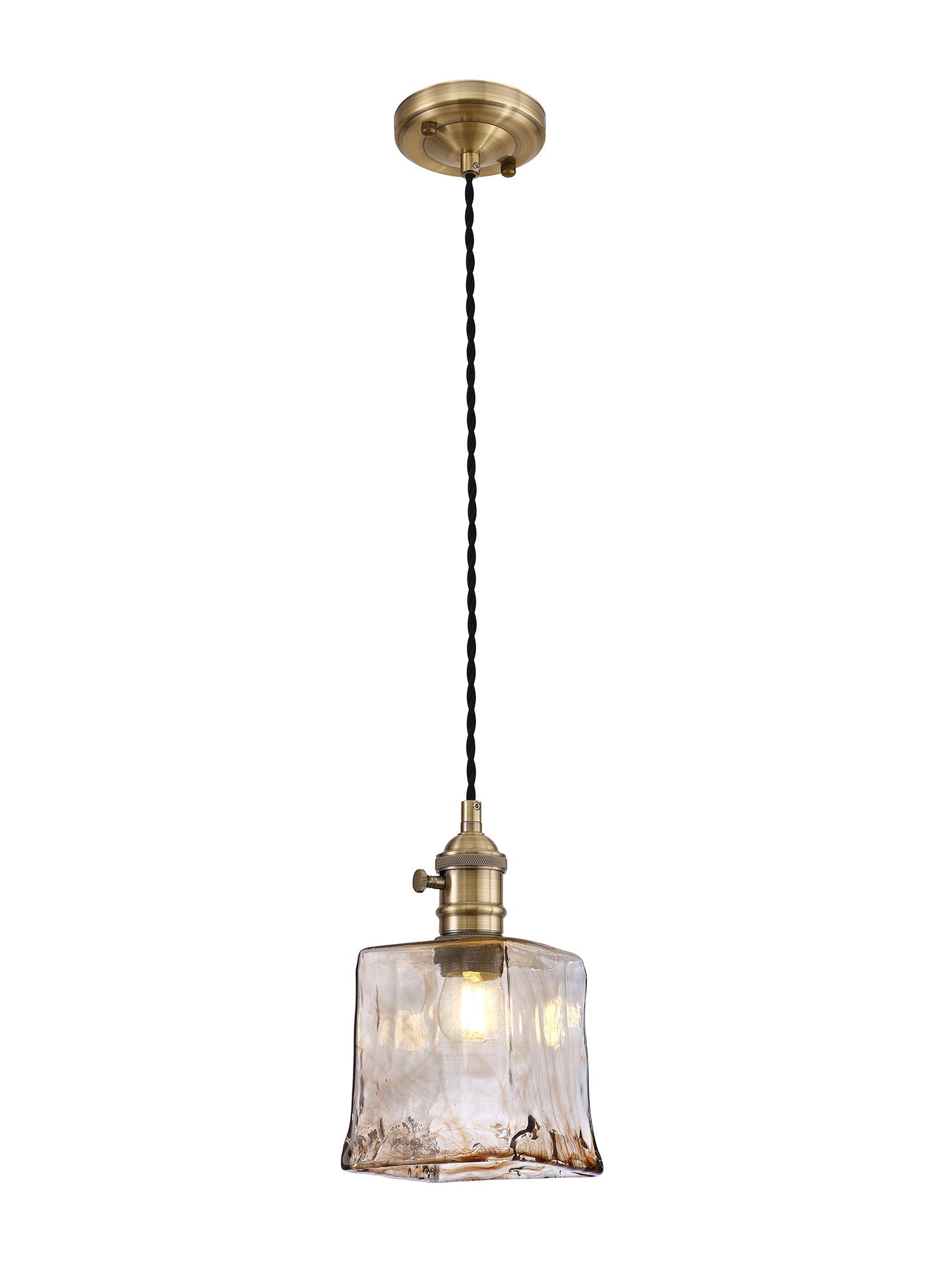 Luminosity Designs Ltd - Amber Switched Pendant 1.5m, 1 x E27, Twisted Cable / Brown Square Glass - Luminosity Designs Ltd