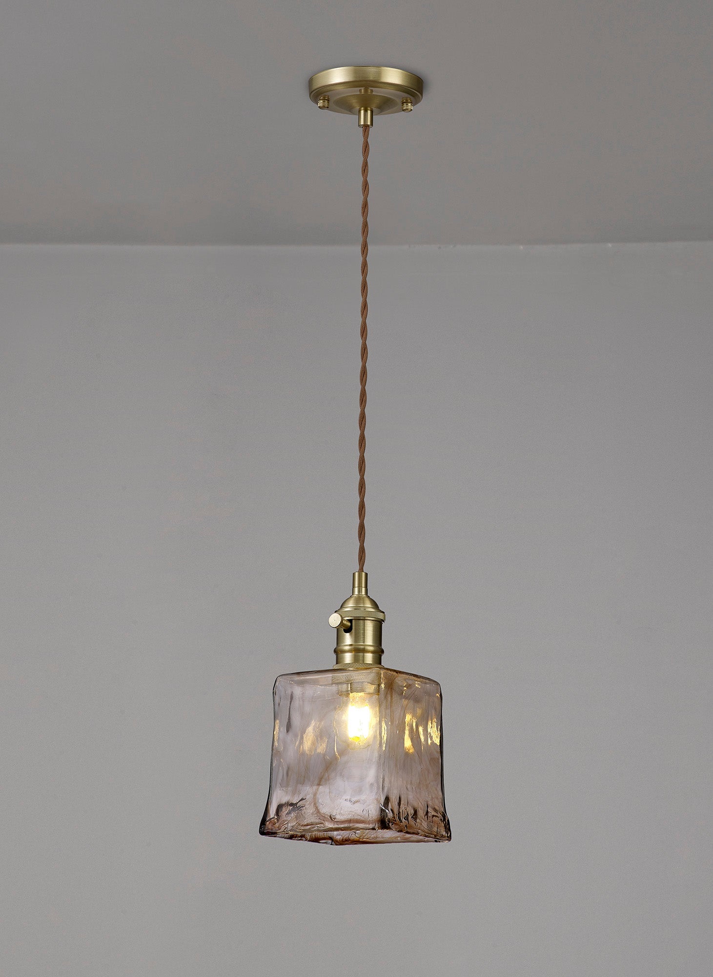 Luminosity Designs Ltd - Amber Switched Pendant 1.5m, 1 x E27, Twisted Cable / Brown Square Glass - Luminosity Designs Ltd