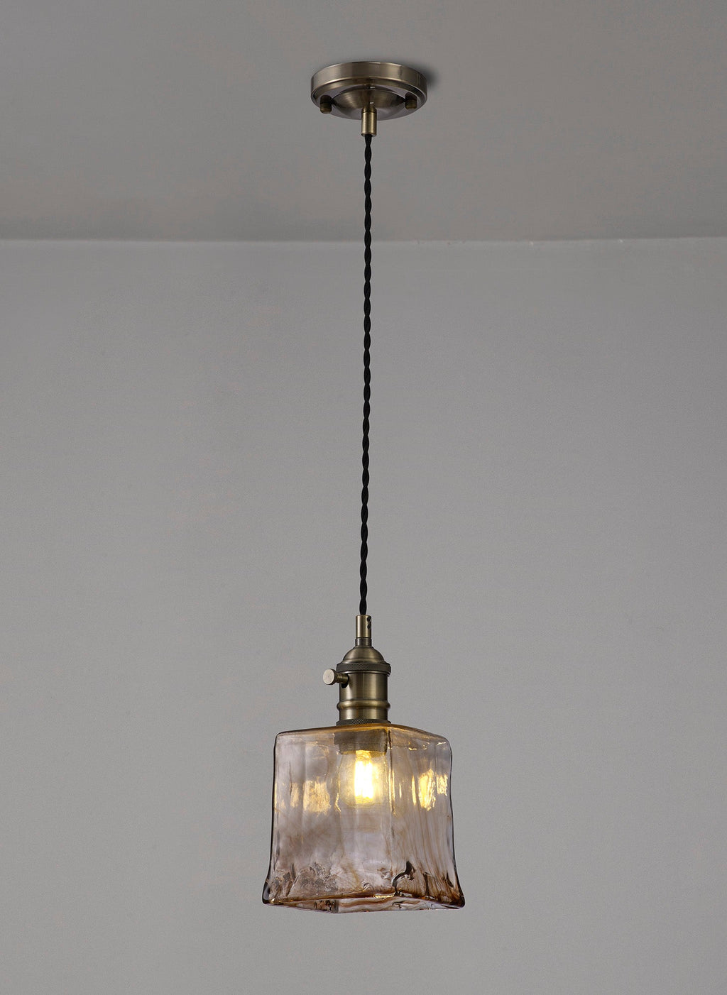 Luminosity Designs Ltd - Amber Switched Pendant 1.5m, 1 x E27, Twisted Cable / Brown Square Glass - Luminosity Designs Ltd