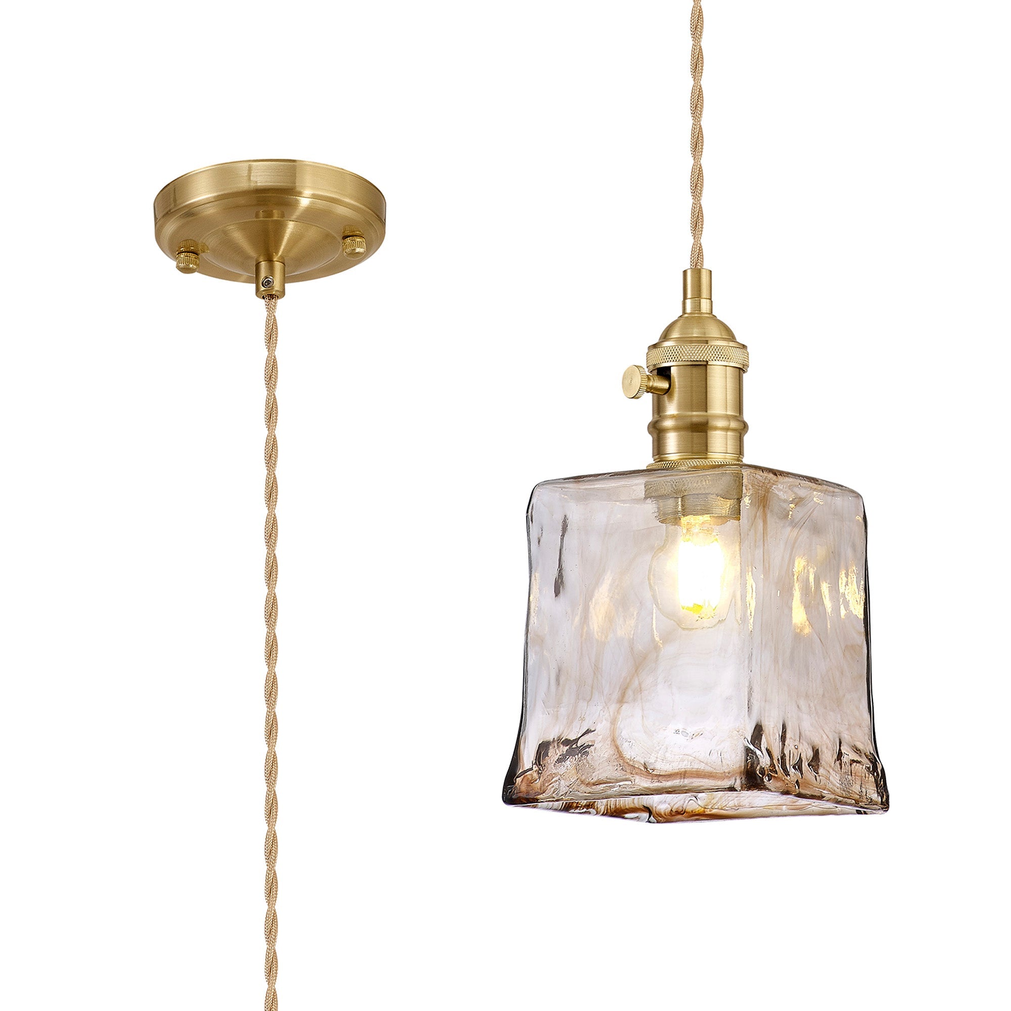 Luminosity Designs Ltd - Amber Switched Pendant 1.5m, 1 x E27, Twisted Cable / Brown Square Glass - Luminosity Designs Ltd