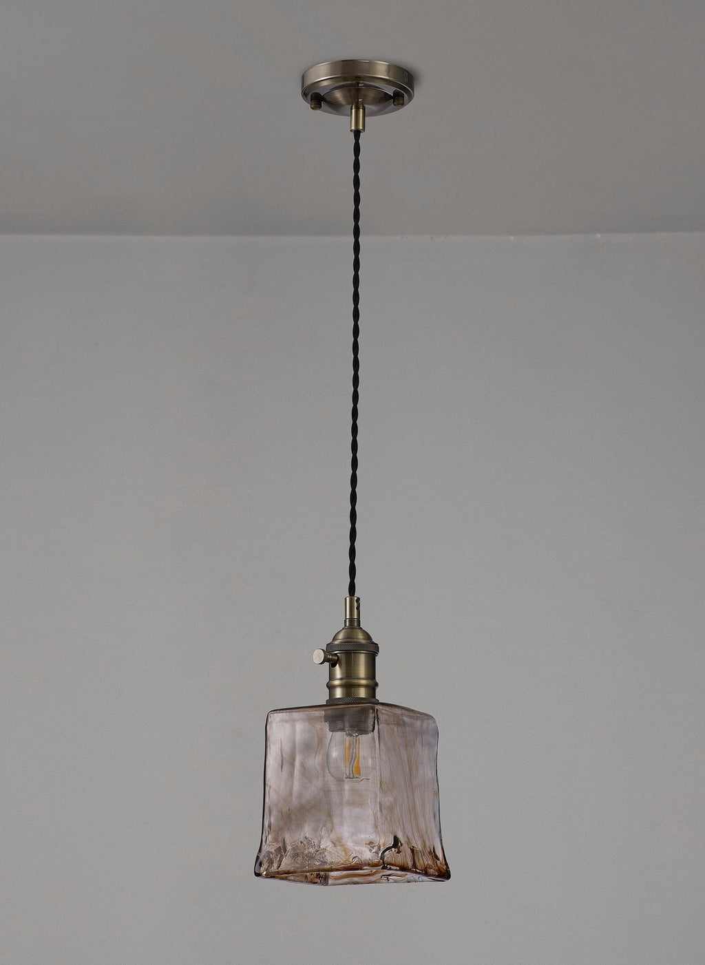 Luminosity Designs Ltd - Amber Switched Pendant 1.5m, 1 x E27, Twisted Cable / Brown Square Glass - Luminosity Designs Ltd