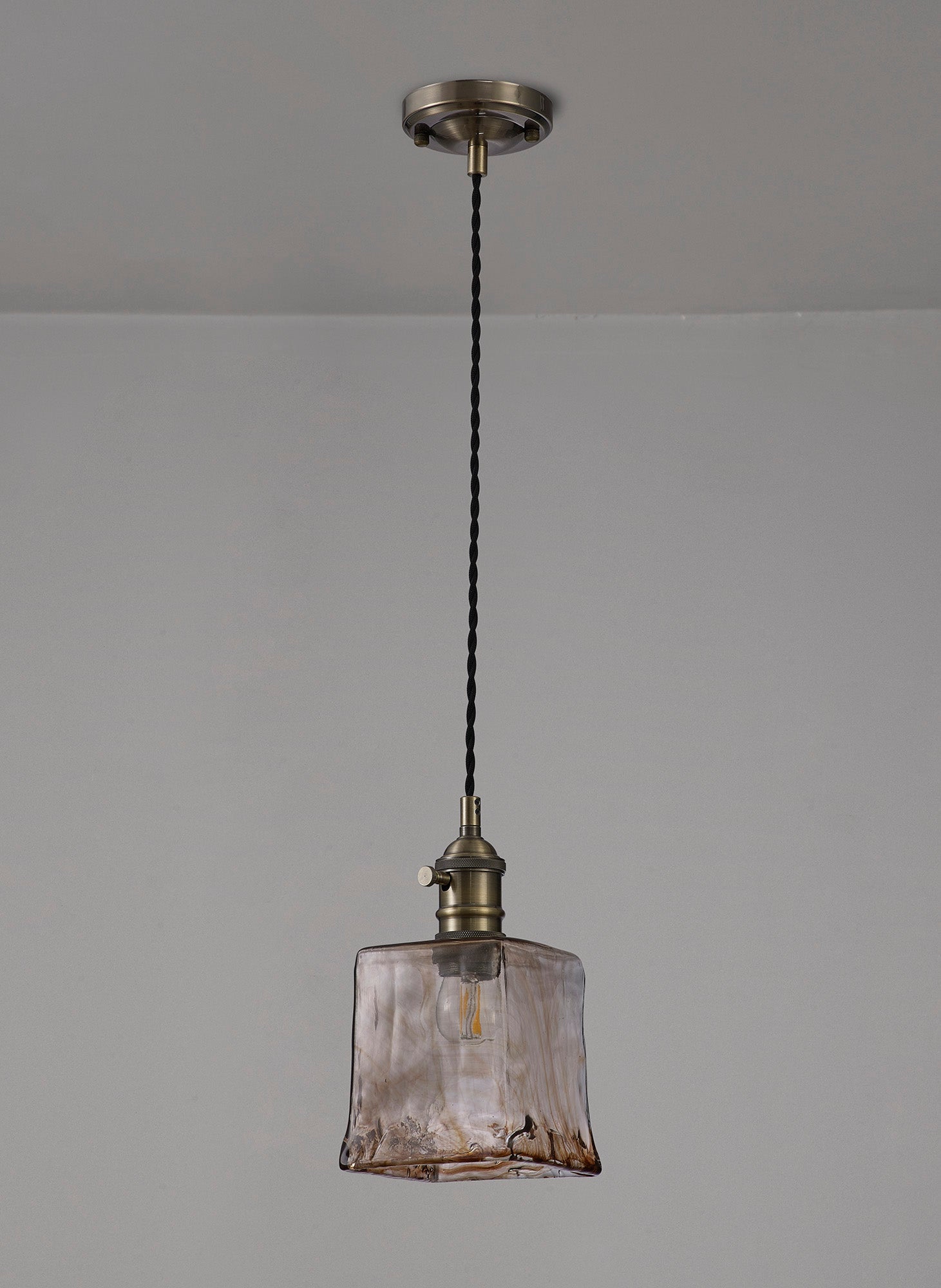 Luminosity Designs Ltd - Amber Switched Pendant 1.5m, 1 x E27, Twisted Cable / Brown Square Glass - Luminosity Designs Ltd