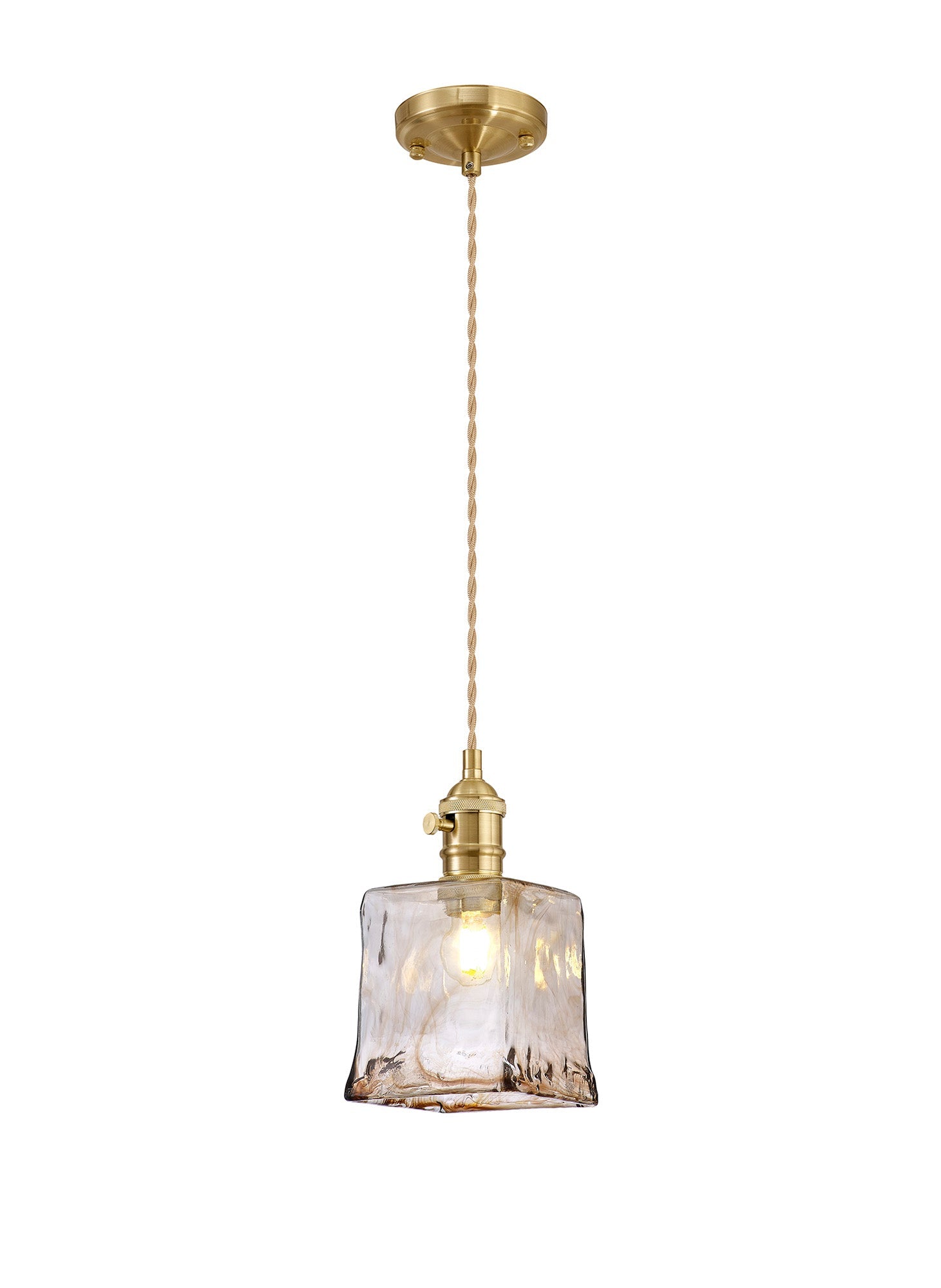 Luminosity Designs Ltd - Amber Switched Pendant 1.5m, 1 x E27, Twisted Cable / Brown Square Glass - Luminosity Designs Ltd