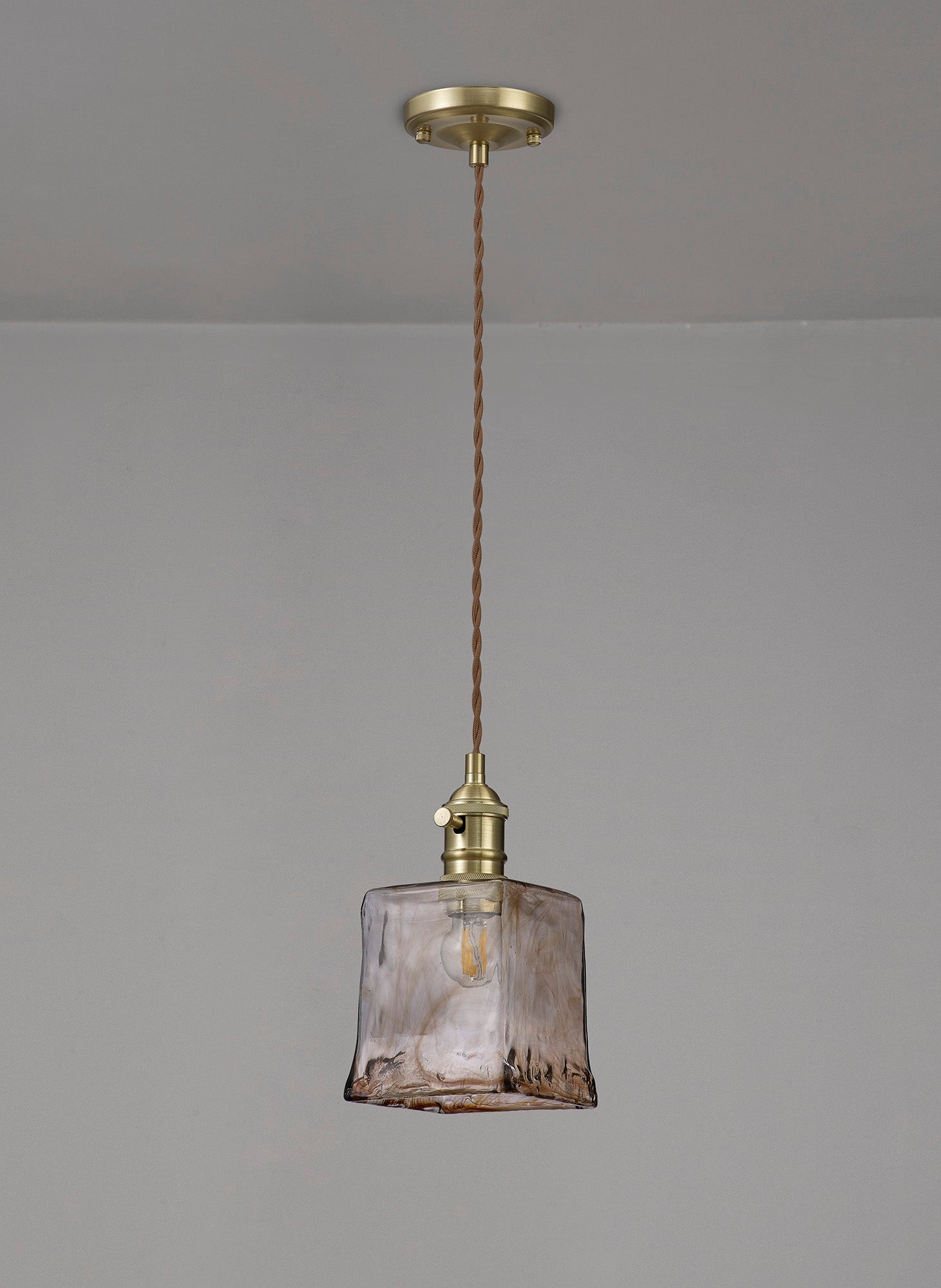 Luminosity Designs Ltd - Amber Switched Pendant 1.5m, 1 x E27, Twisted Cable / Brown Square Glass - Luminosity Designs Ltd