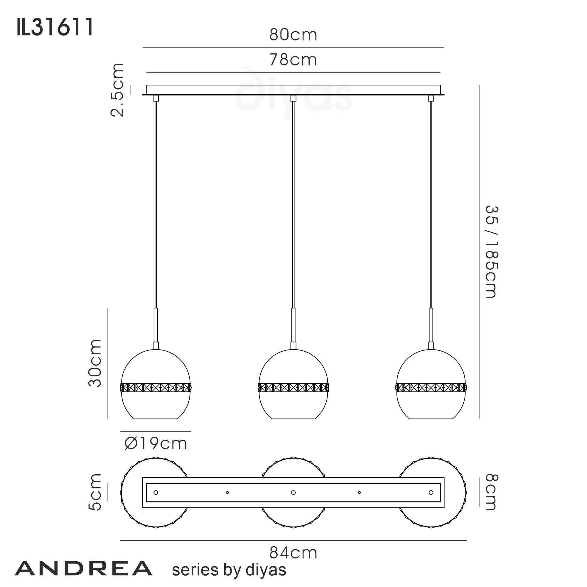 Diyas - Andrea Pendant 3 Light Bar - Luminosity Designs Ltd