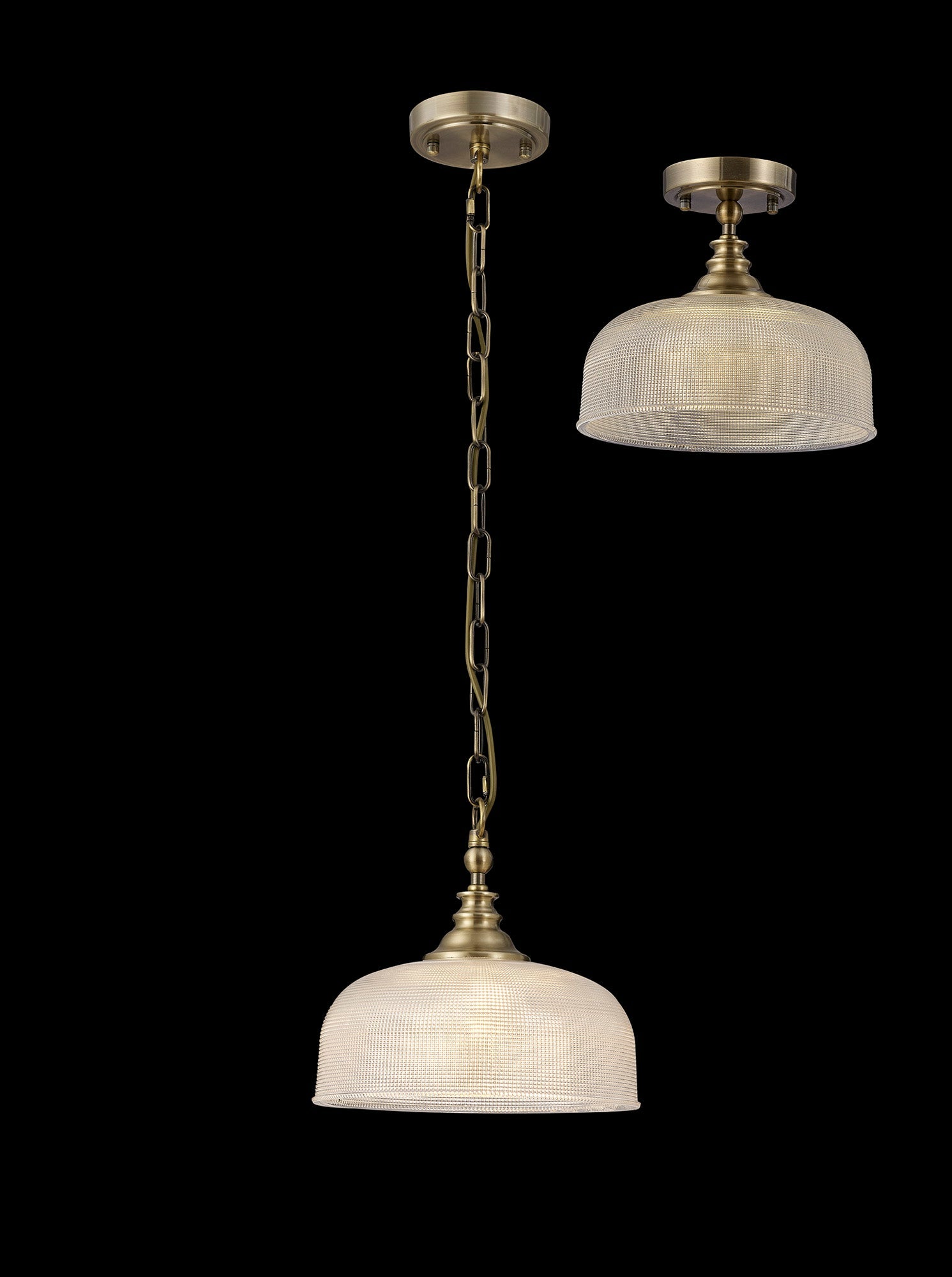 Luminosity Designs - Antique Brass Sledmere 27cm Flush/Single Pendant, 1 Light Adjustable to Semi Flush, E27 - Luminosity Designs Ltd
