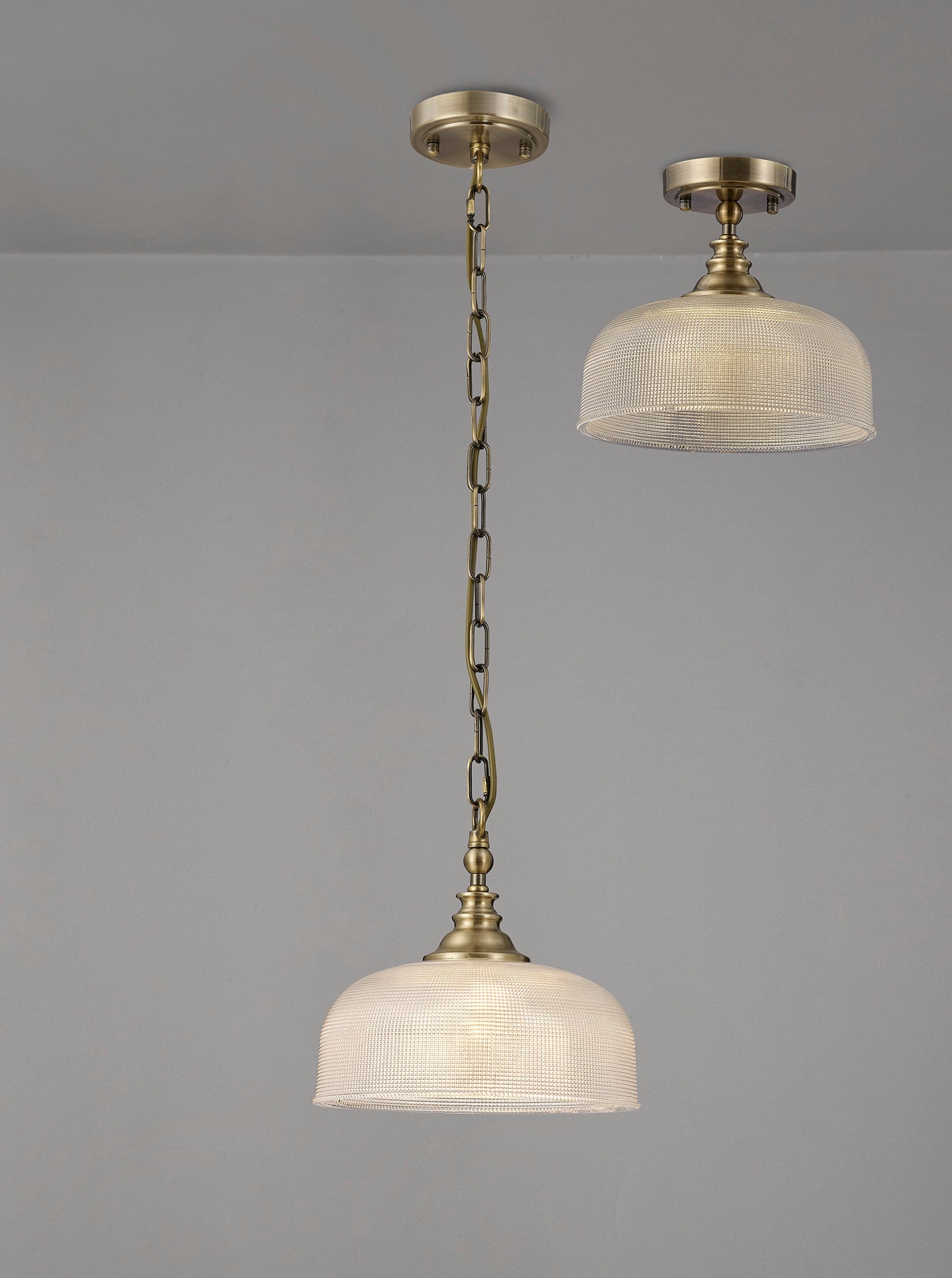 Luminosity Designs - Antique Brass Sledmere 27cm Flush/Single Pendant, 1 Light Adjustable to Semi Flush, E27 - Luminosity Designs Ltd