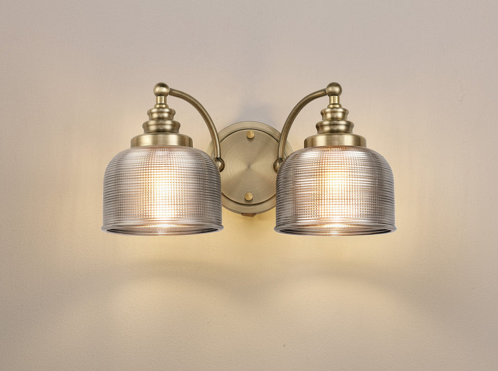 Luminosity Designs - Antique Brass Sledmere Double Wall Light, Switched, 2 x E27, Glass Shade - Luminosity Designs Ltd