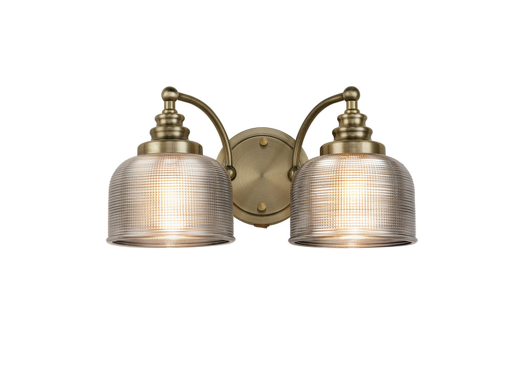 Luminosity Designs - Antique Brass Sledmere Double Wall Light, Switched, 2 x E27, Glass Shade - Luminosity Designs Ltd