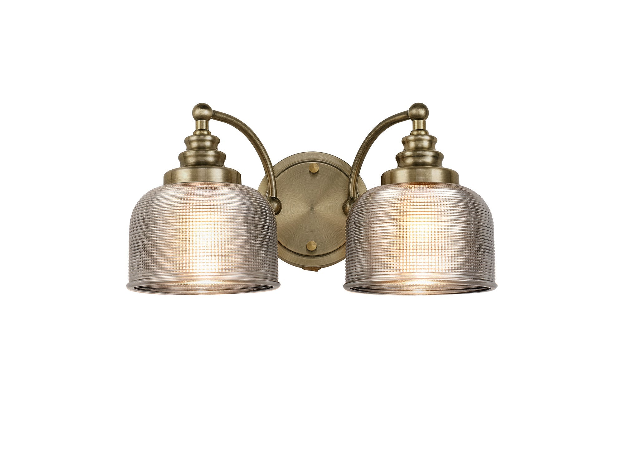 Luminosity Designs - Antique Brass Sledmere Double Wall Light, Switched, 2 x E27, Glass Shade - Luminosity Designs Ltd
