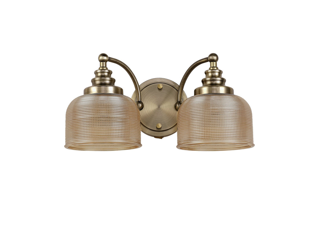 Luminosity Designs - Antique Brass Sledmere Double Wall Light, Switched, 2 x E27, Glass Shade - Luminosity Designs Ltd