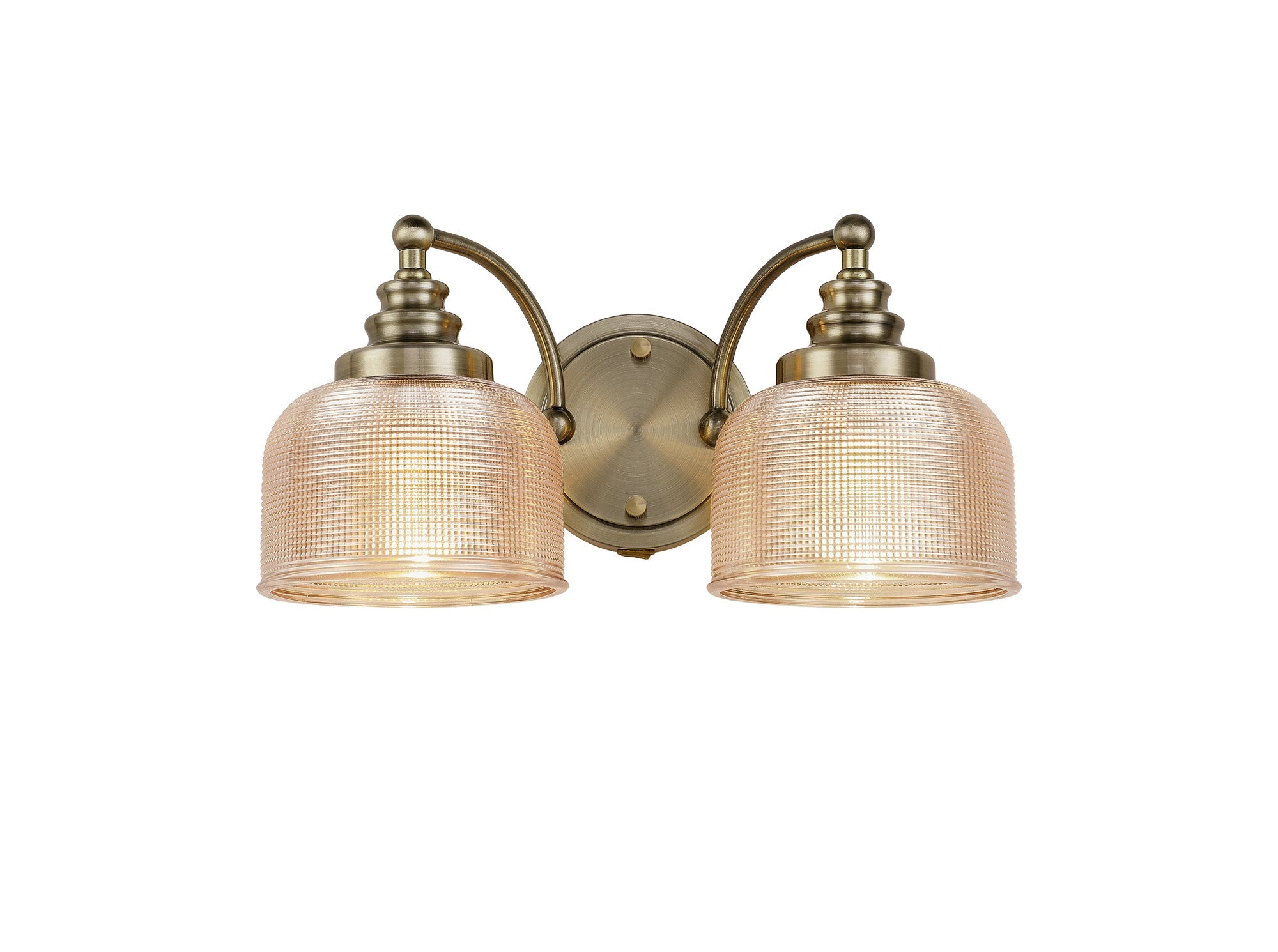 Luminosity Designs - Antique Brass Sledmere Double Wall Light, Switched, 2 x E27, Glass Shade - Luminosity Designs Ltd