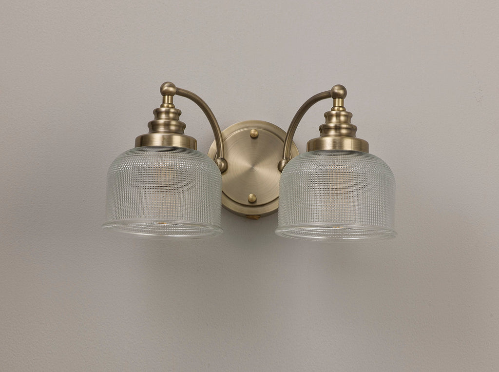 Luminosity Designs - Antique Brass Sledmere Double Wall Light, Switched, 2 x E27, Glass Shade - Luminosity Designs Ltd