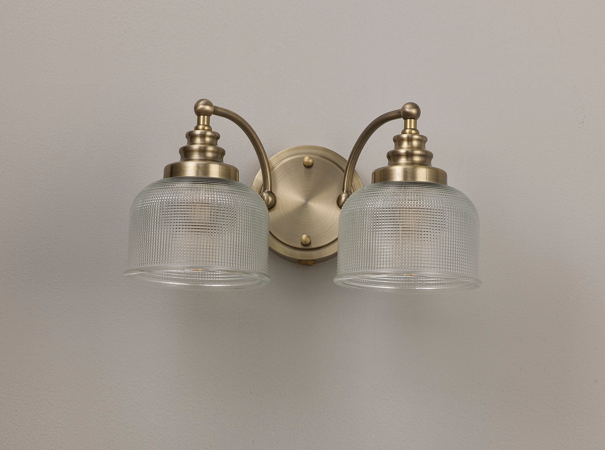 Luminosity Designs - Antique Brass Sledmere Double Wall Light, Switched, 2 x E27, Glass Shade - Luminosity Designs Ltd