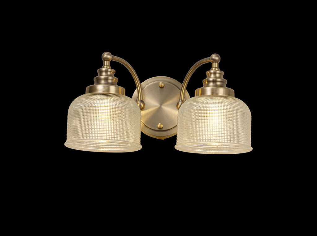 Luminosity Designs - Antique Brass Sledmere Double Wall Light, Switched, 2 x E27, Glass Shade - Luminosity Designs Ltd