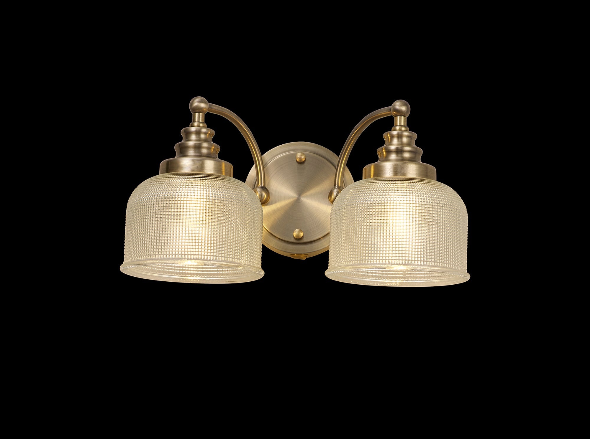 Luminosity Designs - Antique Brass Sledmere Double Wall Light, Switched, 2 x E27, Glass Shade - Luminosity Designs Ltd
