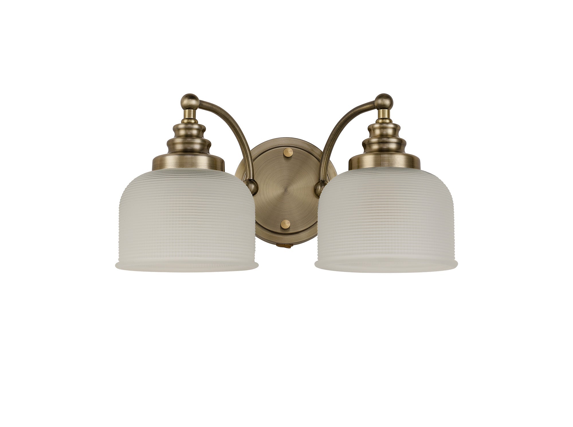 Luminosity Designs - Antique Brass Sledmere Double Wall Light, Switched, 2 x E27, Glass Shade - Luminosity Designs Ltd