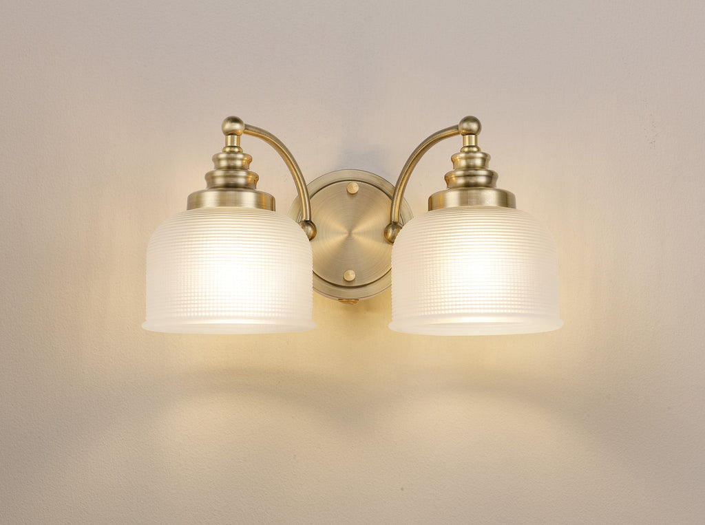Luminosity Designs - Antique Brass Sledmere Double Wall Light, Switched, 2 x E27, Glass Shade - Luminosity Designs Ltd