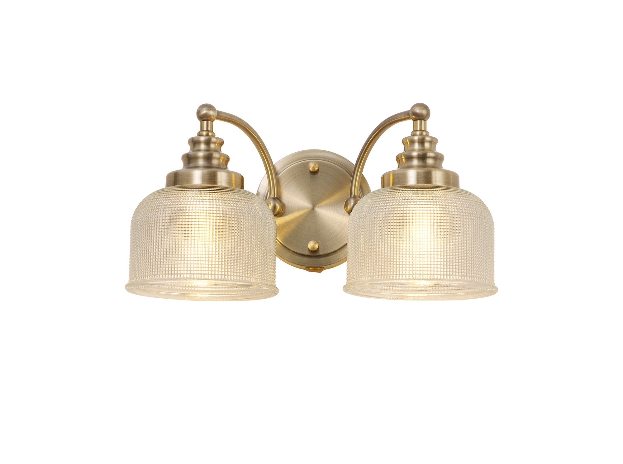 Luminosity Designs - Antique Brass Sledmere Double Wall Light, Switched, 2 x E27, Glass Shade - Luminosity Designs Ltd