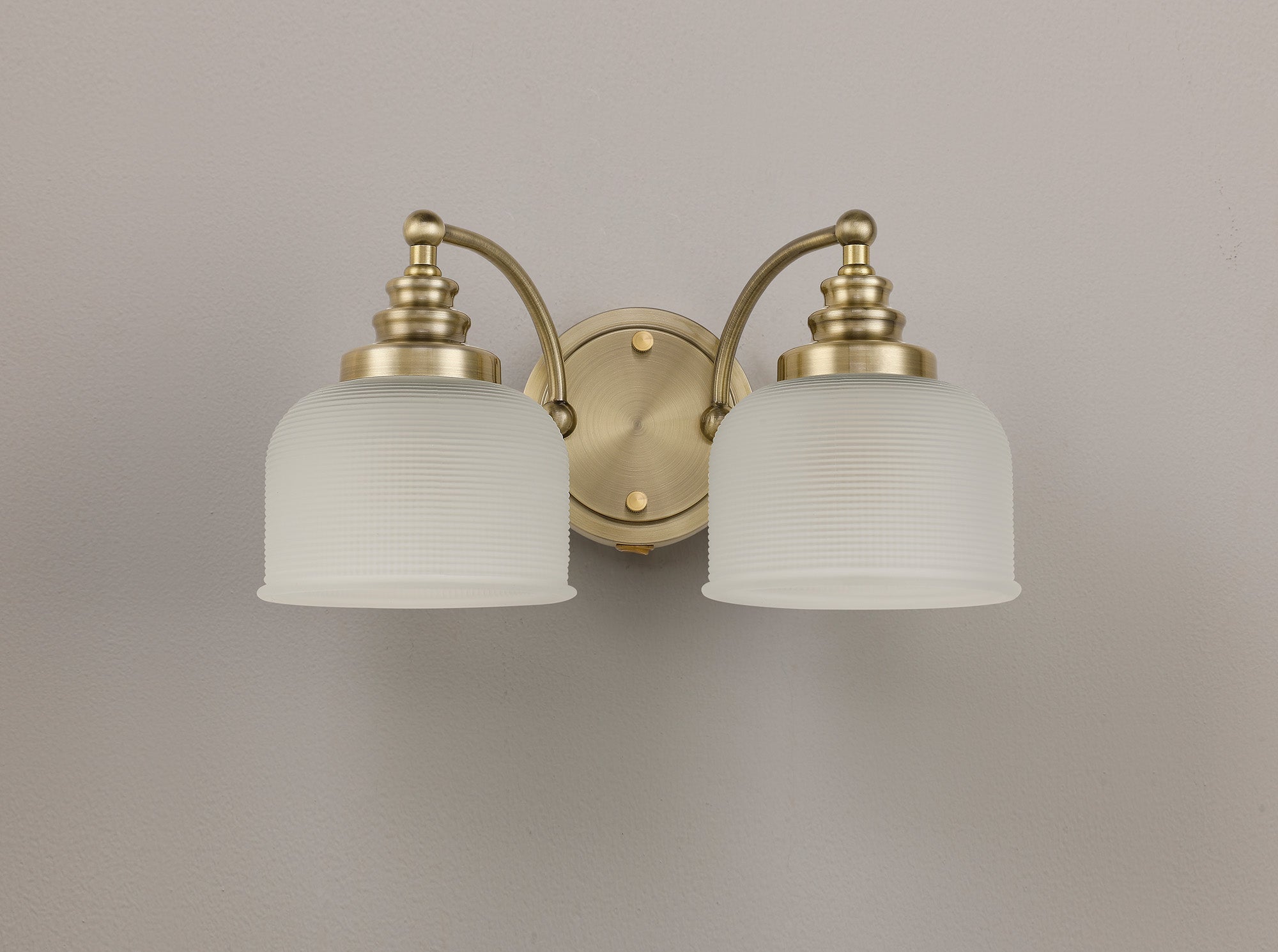 Luminosity Designs - Antique Brass Sledmere Double Wall Light, Switched, 2 x E27, Glass Shade - Luminosity Designs Ltd
