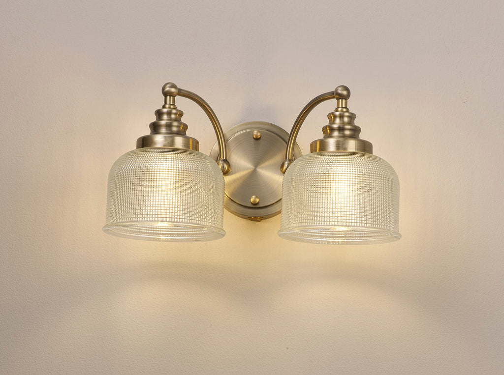 Luminosity Designs - Antique Brass Sledmere Double Wall Light, Switched, 2 x E27, Glass Shade - Luminosity Designs Ltd