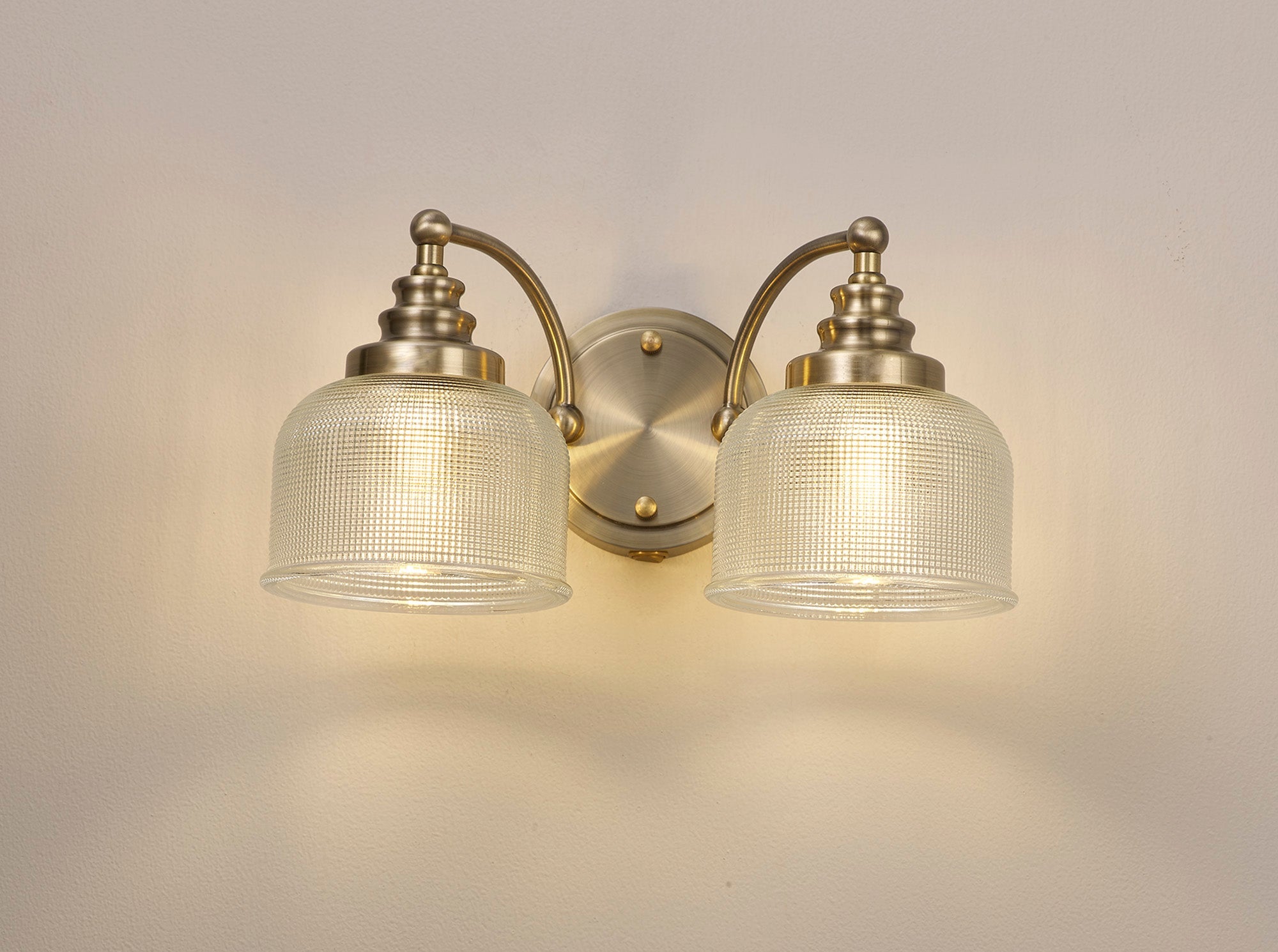 Luminosity Designs - Antique Brass Sledmere Double Wall Light, Switched, 2 x E27, Glass Shade - Luminosity Designs Ltd