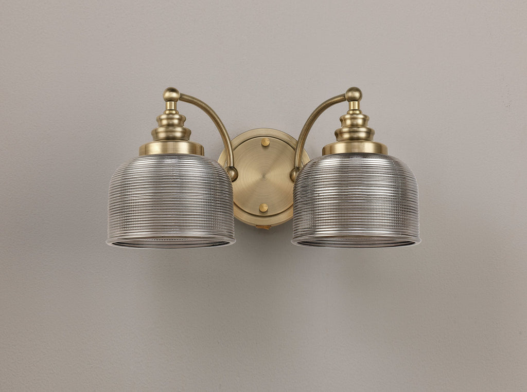Luminosity Designs - Antique Brass Sledmere Double Wall Light, Switched, 2 x E27, Glass Shade - Luminosity Designs Ltd