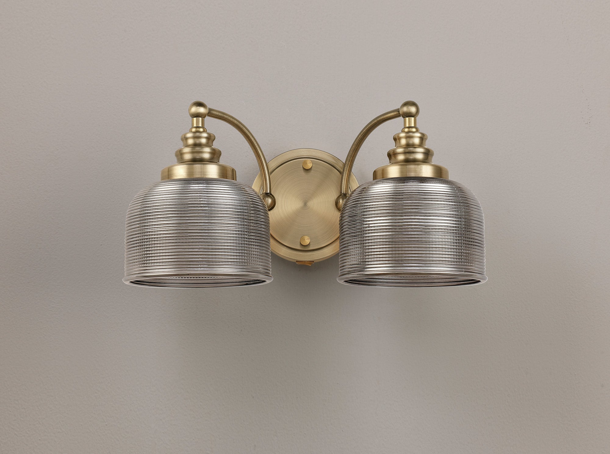 Luminosity Designs - Antique Brass Sledmere Double Wall Light, Switched, 2 x E27, Glass Shade - Luminosity Designs Ltd