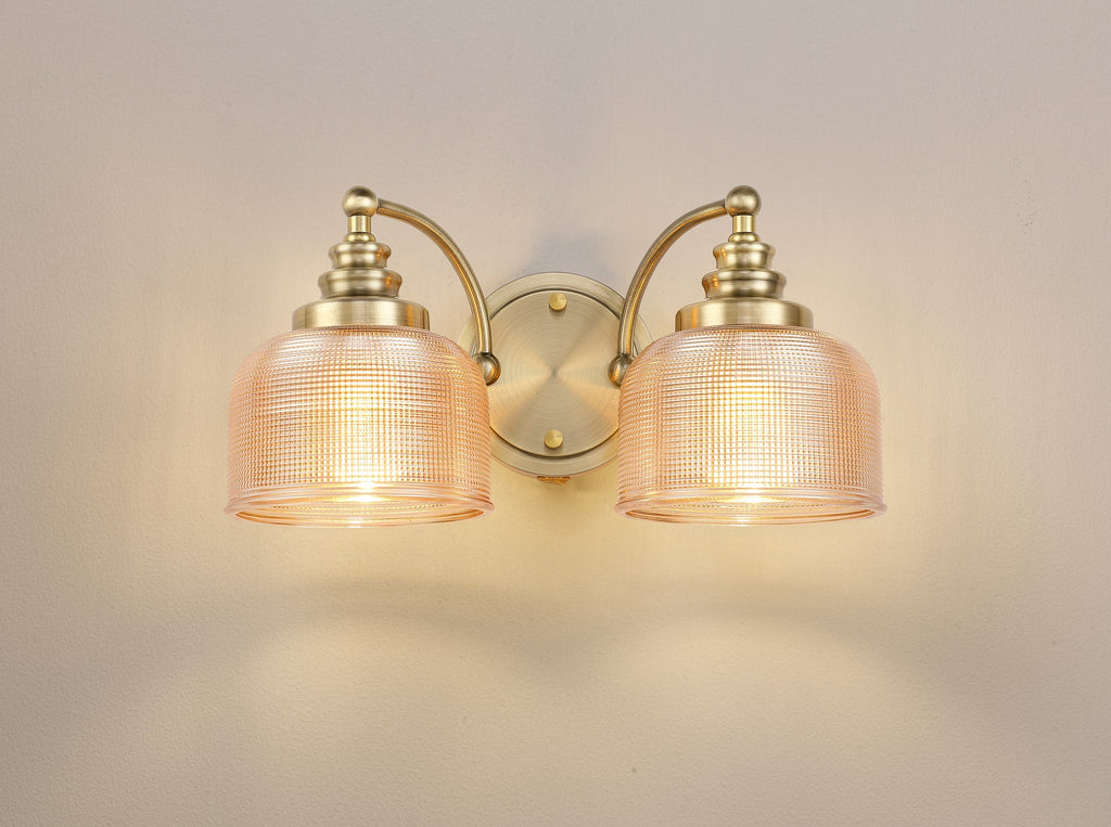 Luminosity Designs - Antique Brass Sledmere Double Wall Light, Switched, 2 x E27, Glass Shade - Luminosity Designs Ltd