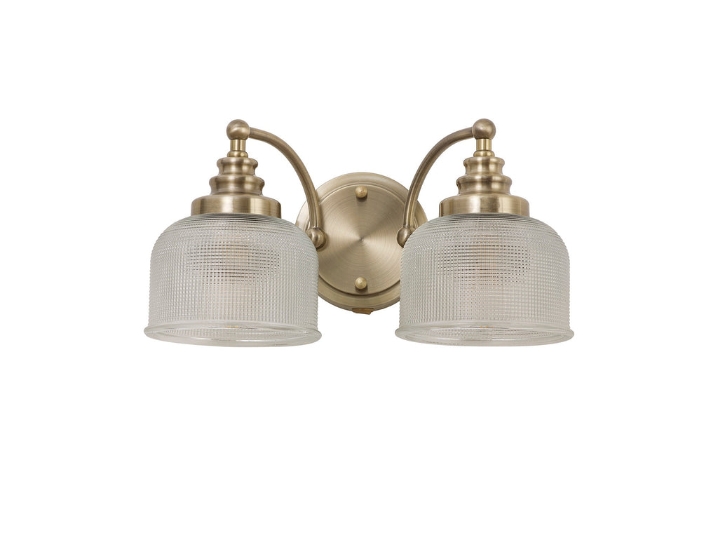 Luminosity Designs - Antique Brass Sledmere Double Wall Light, Switched, 2 x E27, Glass Shade - Luminosity Designs Ltd