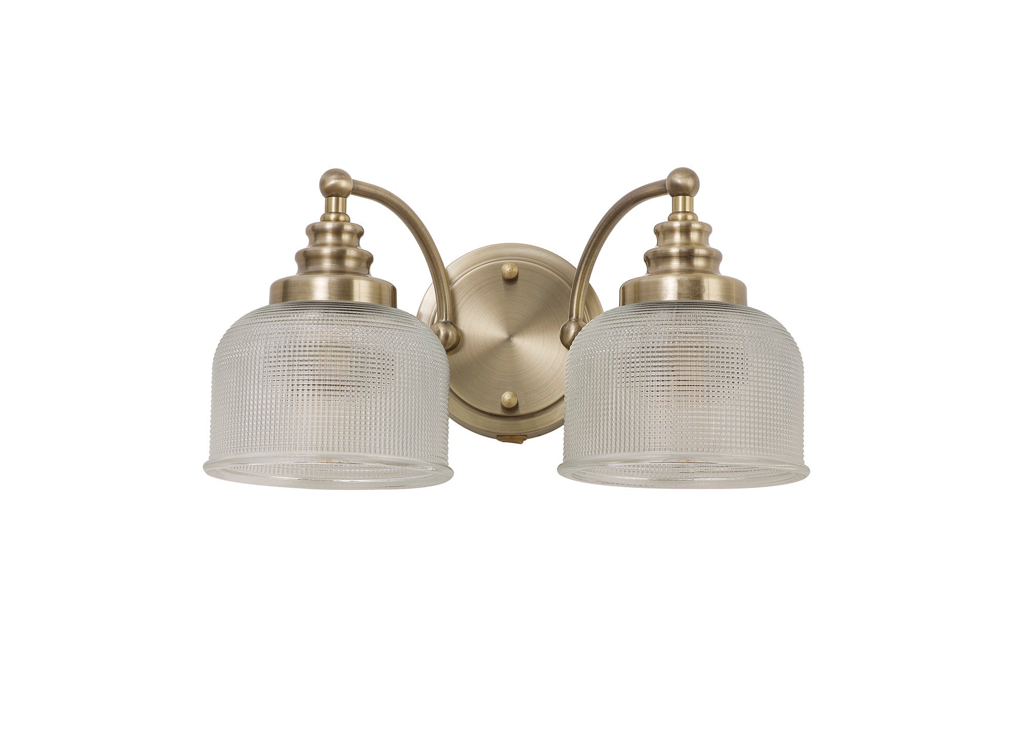 Luminosity Designs - Antique Brass Sledmere Double Wall Light, Switched, 2 x E27, Glass Shade - Luminosity Designs Ltd